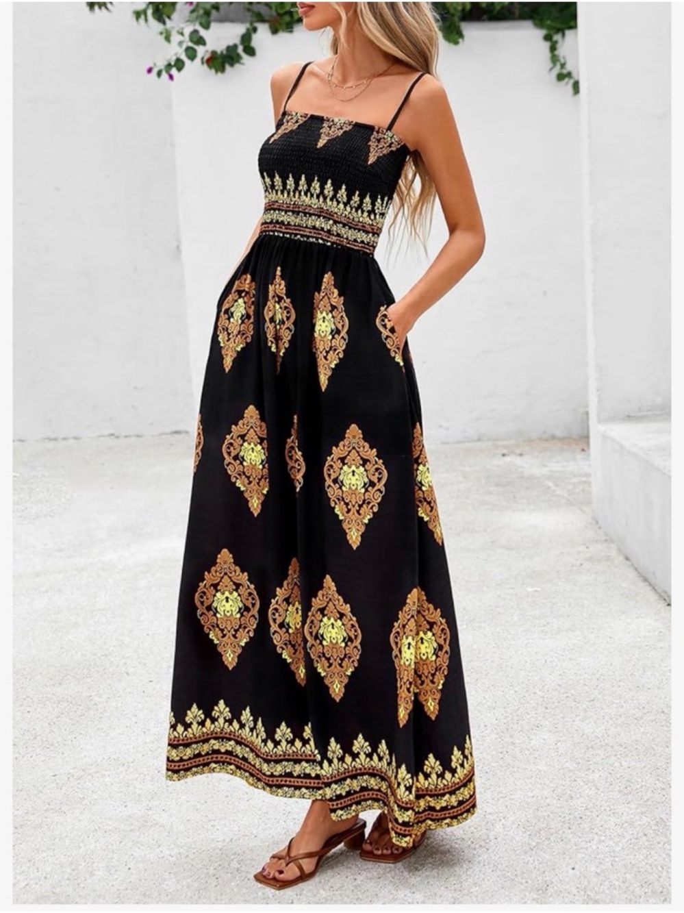 NWT PrettyGarden Black Gold Floral Shirred Maxi Sundress Size M